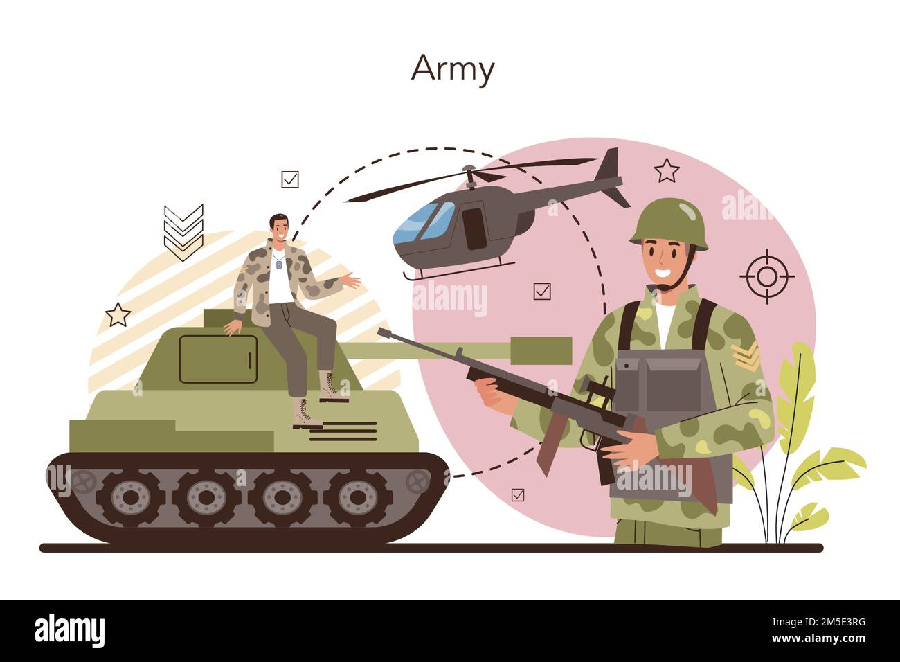 Soldatenkonzept. Militarer Angestellter in Tarnung mit einer Waffe. Ausrüstung und Technologie der Armee. Kriegsstrategie und -Taktik. Isolierter flacher Vektor il Stock Vektor