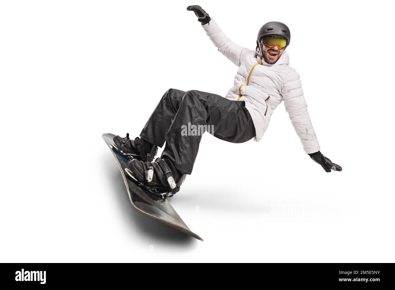 Ein Typ auf einem Snowboard mit Helm und Schutzbrille, isoliert auf weißem Hintergrund Stockfoto