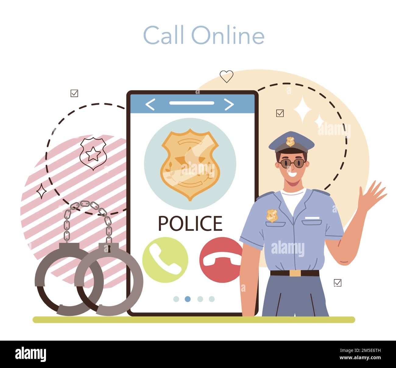 Polizeibeamter online Service oder Plattform. Detective führt Verhöre durch. Ein Polizist patrouilliert die Stadt und kümmert sich um den Verkehr. Online-Anruf. Flacher Vektor il Stock Vektor