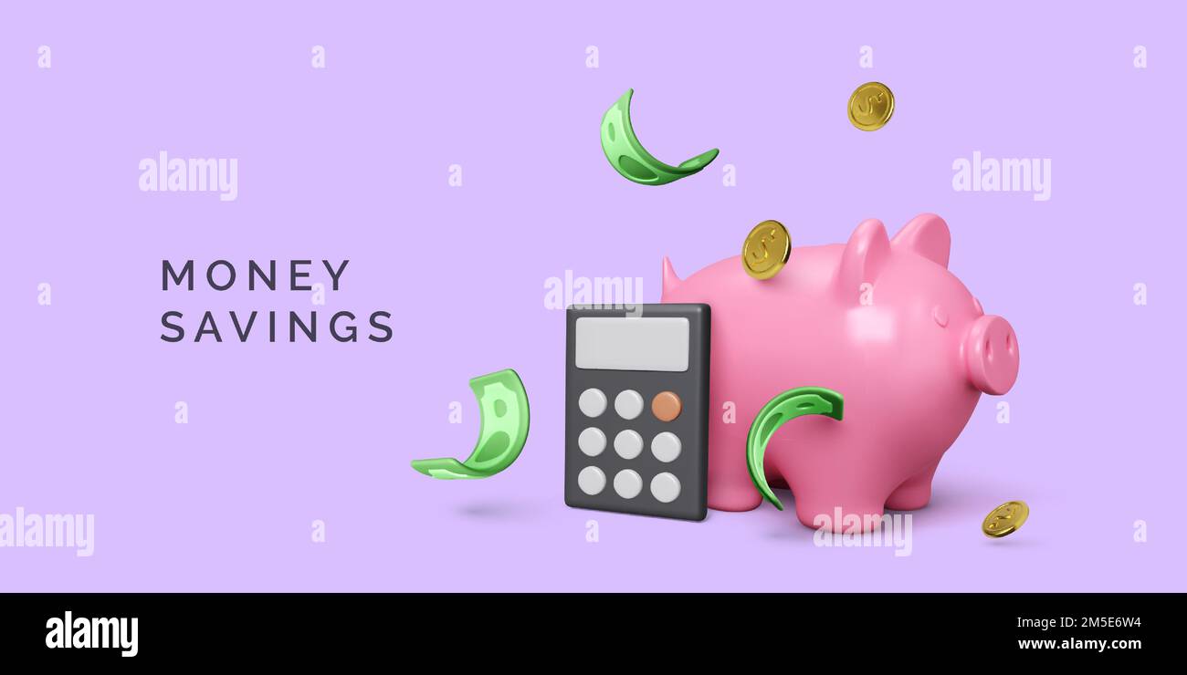 Pinkfarbenes Sparschwein mit Taschenrechner und Goldmünzen, grüne Papierwährung. Kosteneinsparungen und Finanzmanagement. Vektordarstellung in 3D realistischer Cartoo-Darstellung Stock Vektor