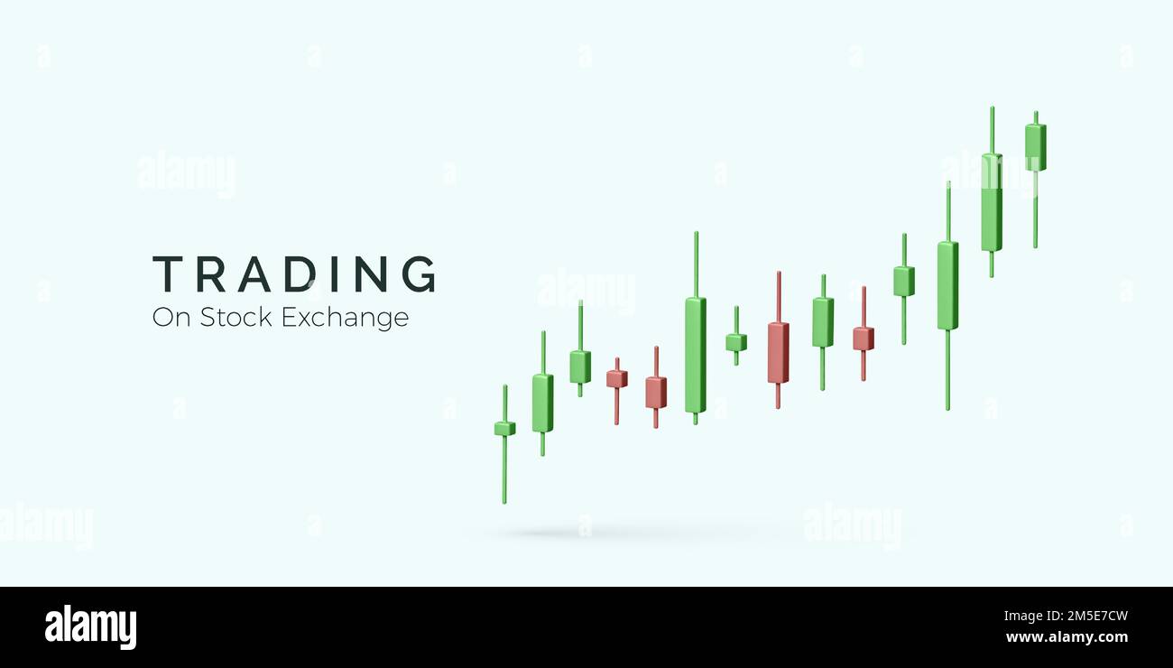 Börsenhandelskonzept. 3D Candlestick-Diagramm. Globaler Trend auf dem Aktien- und Anleihemarkt. Finanzmanagement und Investitionsstrategie mit g Stock Vektor