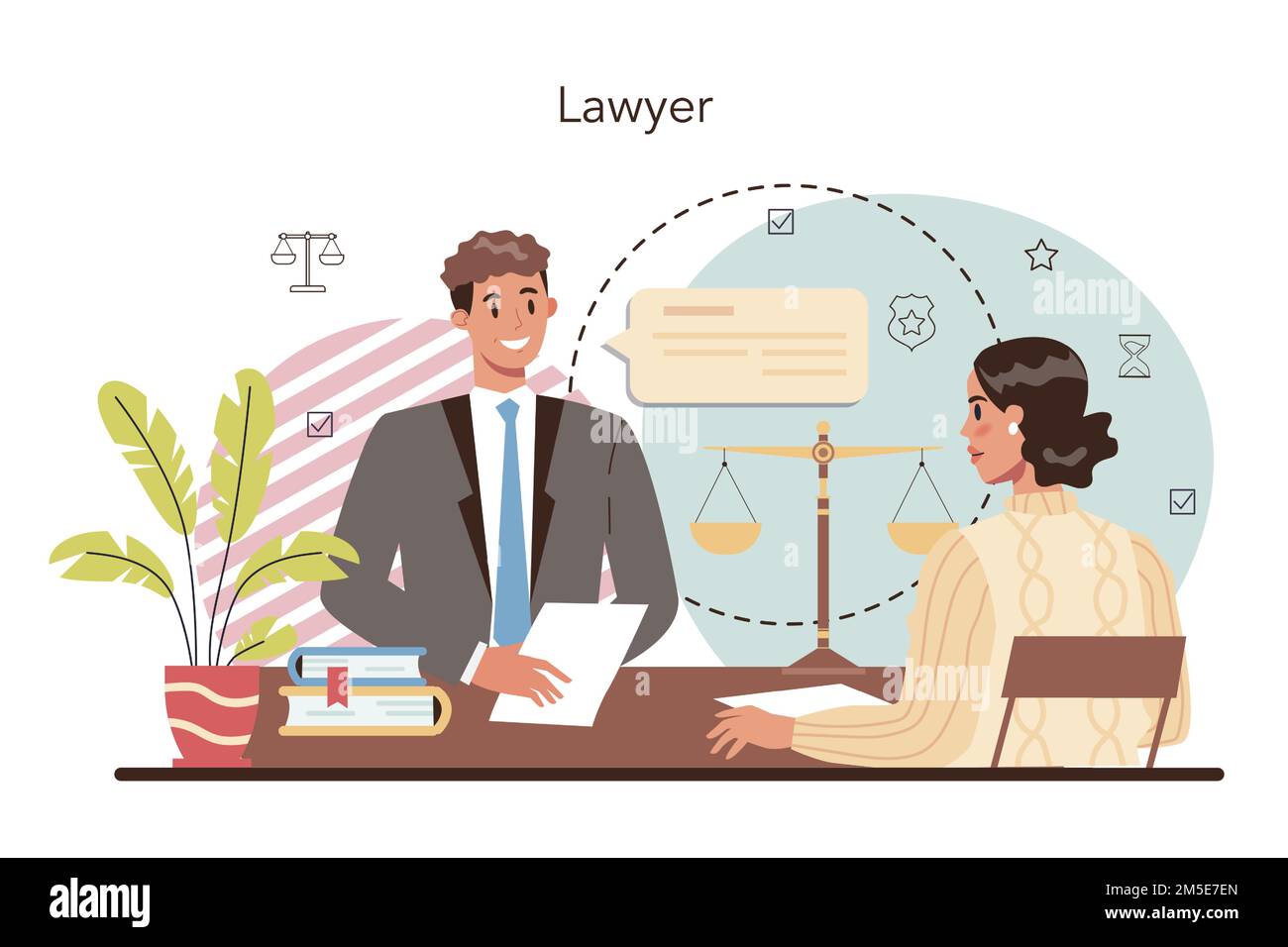 Berufsrechtsbegriff. Bestrafung und Urteilsfindung. Dokumenterstellung wird festgelegt. Rechtsberater oder Berater, sich dafür einsetzen, einen Kunden zu verteidigen Stock Vektor