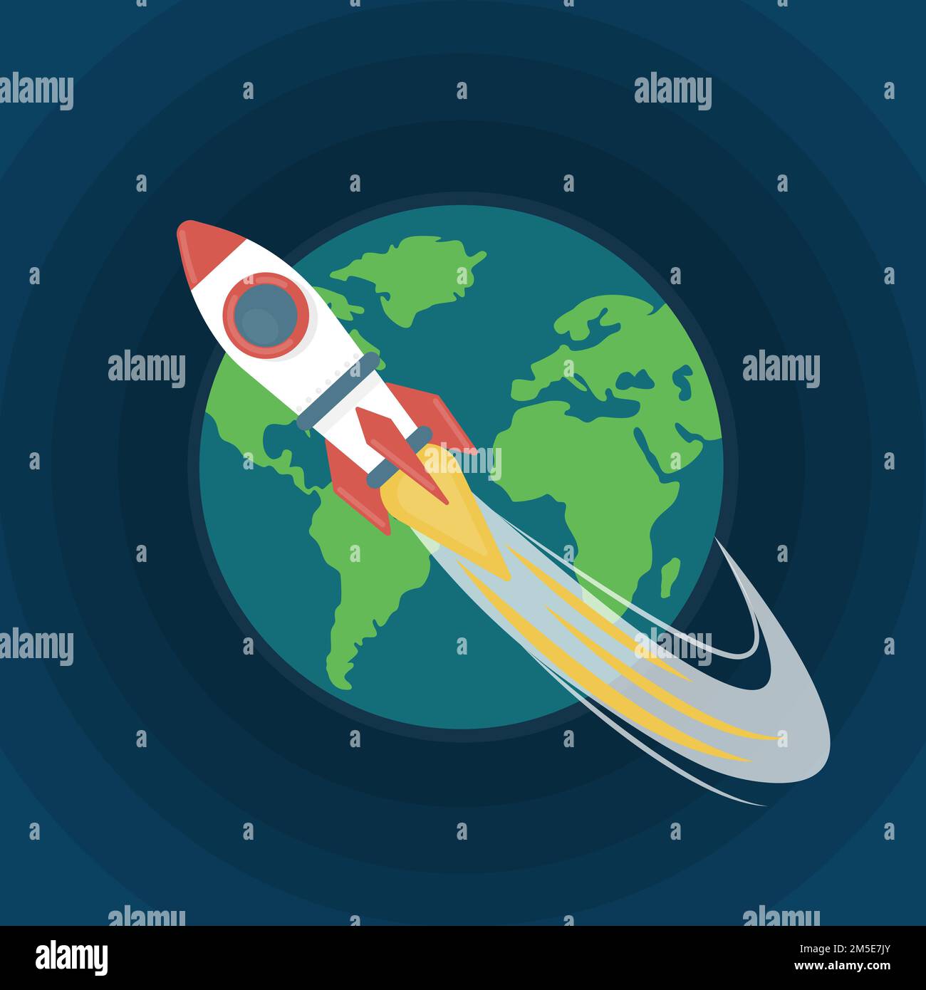 Planet Erde und Rakete. Darstellung des Flachvektors Stock Vektor