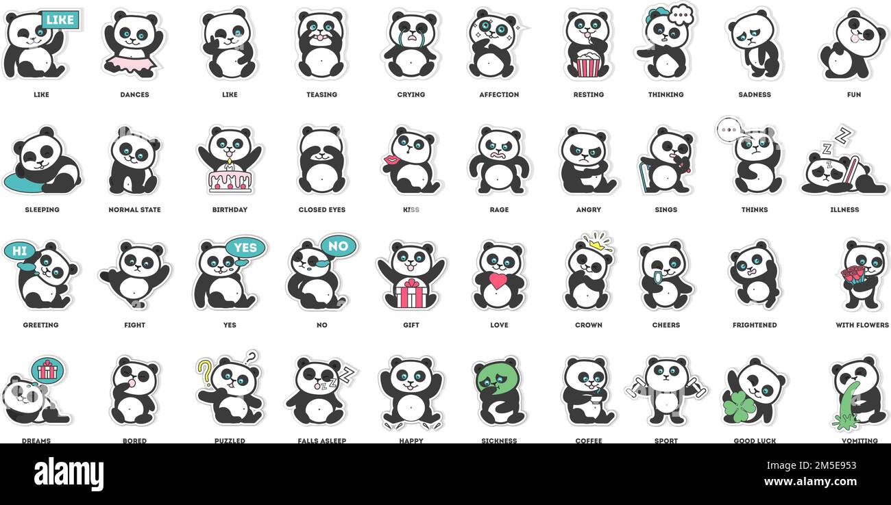 Süßer Panda, Sticker Kollektion, in verschiedenen Posen, verschiedene Stimmungen Vektordarstellung Stock Vektor