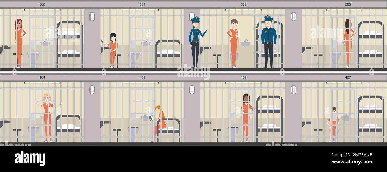 Eine Frau im Gefängnis in orangefarbener Uniform. Gefängniseinrichtung mit Bett, Tisch und Toilette. Polizeibeamte und Gefängniszellen. Stock Vektor