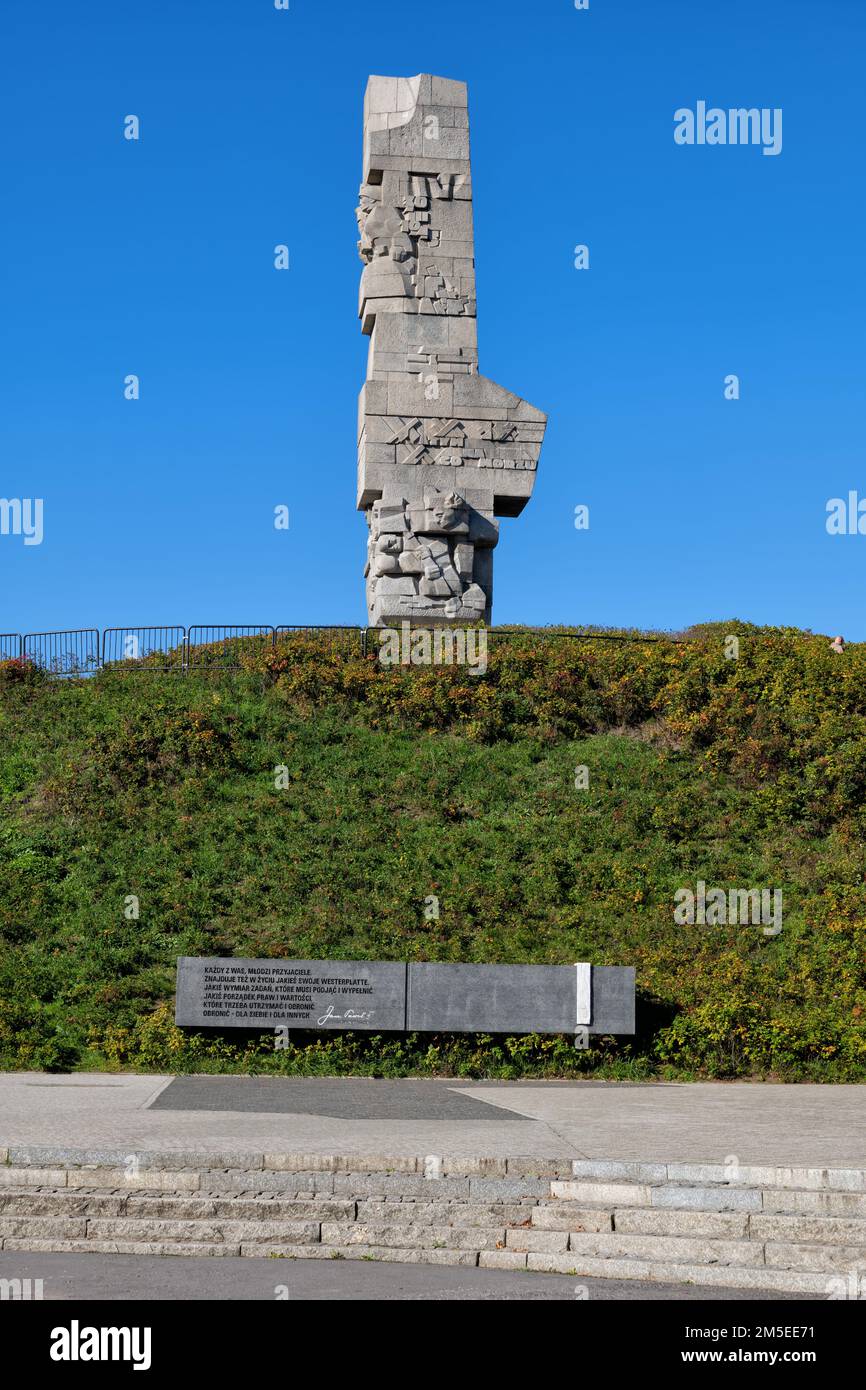 Die Westerplatte in Danzig, Polen, das Denkmal für die Verteidiger der Küste im Jahr 1939, das Kriegsdenkmal erinnert an die polnischen Verteidiger des Militärs Stockfoto
