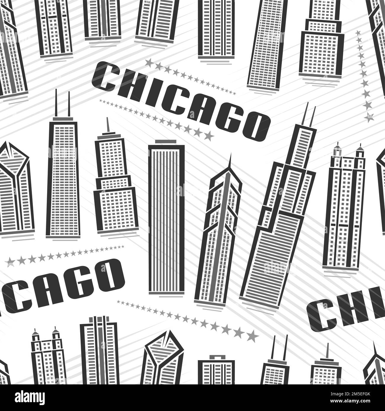 Vector Chicago Seamless Pattern, quadratischer Wiederholungshintergrund mit Illustration der berühmten chicagoer Stadtlandschaft auf weißem Hintergrund für Geschenkpapier, Monoc Stock Vektor
