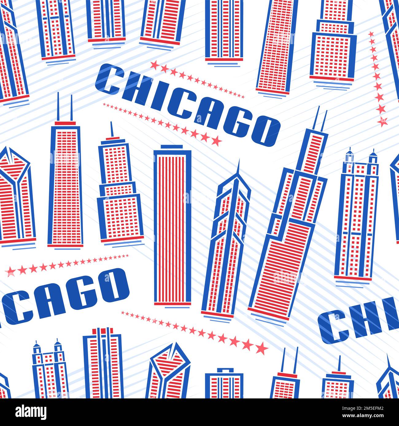 Vector Chicago Seamless Pattern, sich wiederholender Hintergrund mit Illustration der roten berühmten chicagoer Stadtlandschaft auf weißem Hintergrund für Geschenkpapier und Dekor Stock Vektor