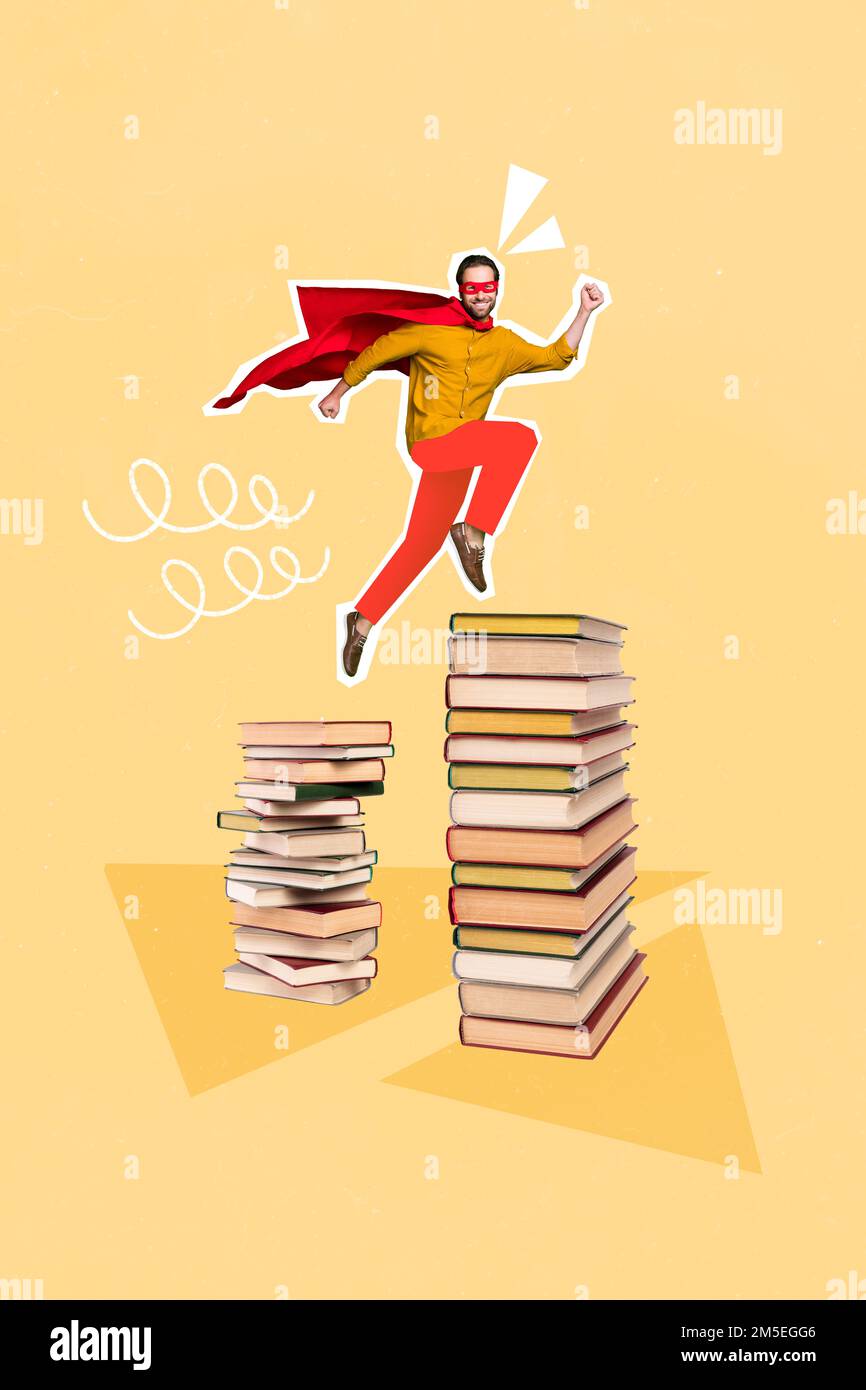 Kreative 3D-Fotocollage Grafikmalerei mit flippigem, aufgeregtem Superman-Stapel isoliertem Zeichnungshintergrund Stockfoto