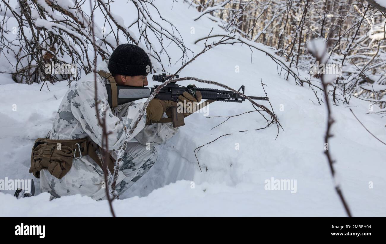 USA Nicholas Lenan, aus Chicago, Illinois, Und ein Netzwerkadministrator mit All Domain Effects Team, 2. Air Naval Gunfire Liaison Company, II Marine Expeditionary Force Information Group, postet Sicherheit an seiner Beobachtungsposition während einer Täuschungsspur praktische Anwendung zur Vorbereitung der Übung Cold Response 2022, Setermoen, Norwegen, 8. März 2022. Übung Cold Response '22 ist eine alle zwei Jahre stattfindende norwegische nationale Bereitschafts- und Verteidigungsübung, die in ganz Norwegen stattfindet, mit Beteiligung jedes seiner Militärdienste sowie ab 26 weiteren nördlichen AT Stockfoto