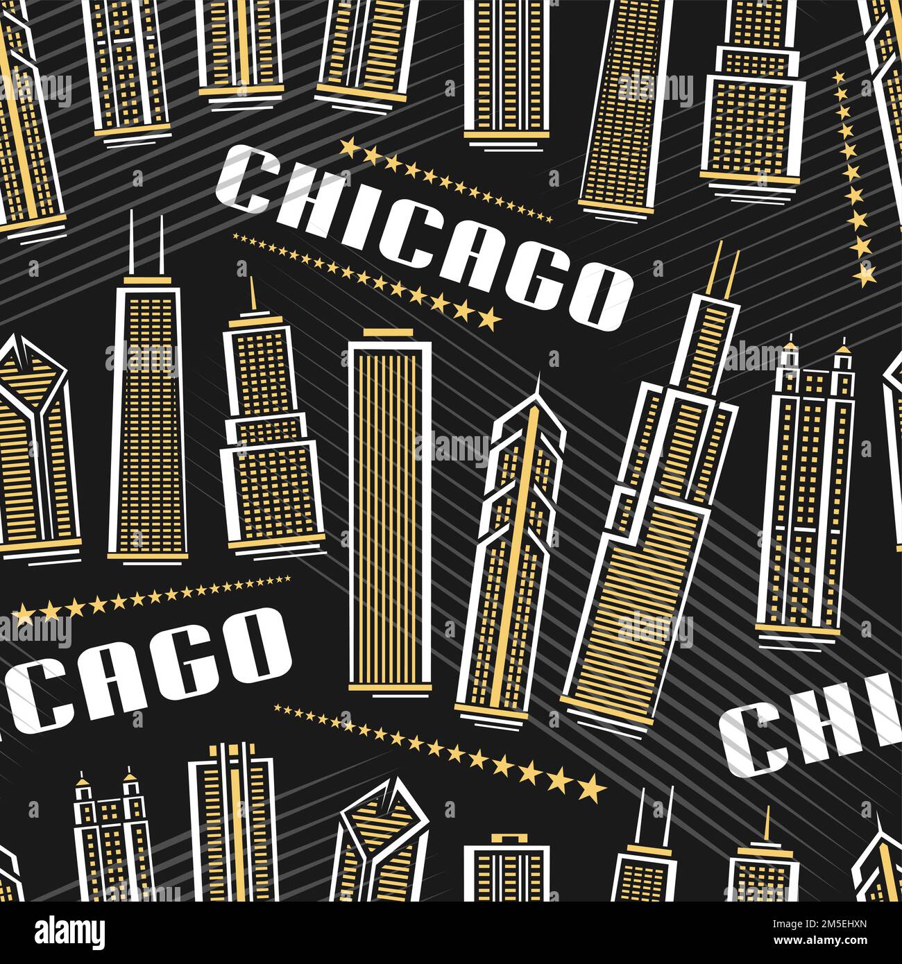 Vector Chicago Seamless Pattern, quadratischer Wiederholungshintergrund mit Illustration der berühmten chicagoer Stadtlandschaft auf dunklem Hintergrund für Geschenkpapier, Dekor Stock Vektor