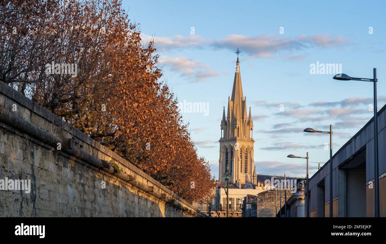 Landschaftsblick auf den antiken Glockenturm der katholischen St. Anne-Kirche an einem Winternachmittag vor Sonnenuntergang, Montpellier, Frankreich Stockfoto