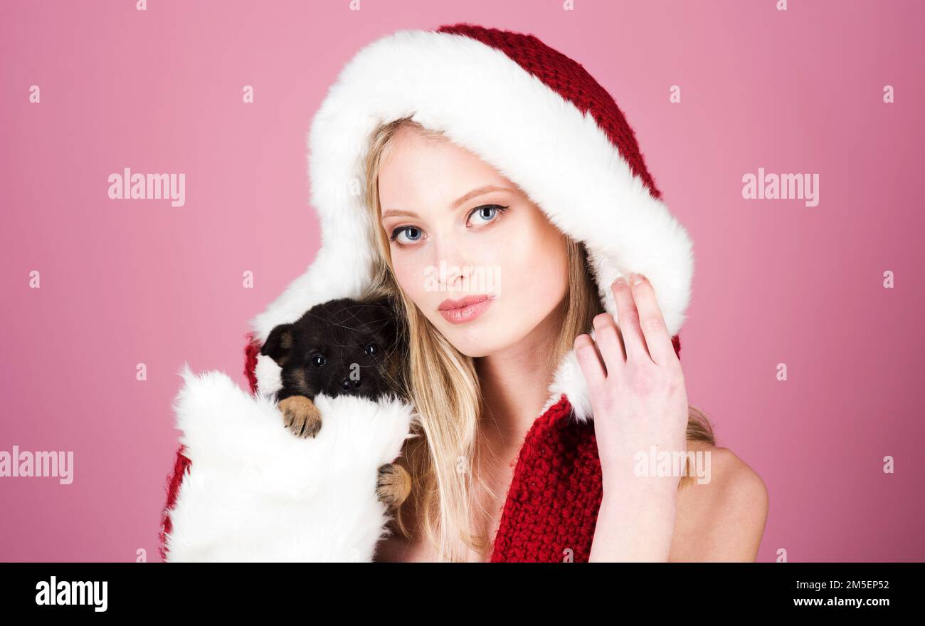 Wunderschöne blonde Frau mit Pelzmütze und kleinem Hündchen. Frohe Weihnachten und Frohes neues Jahr. Stockfoto