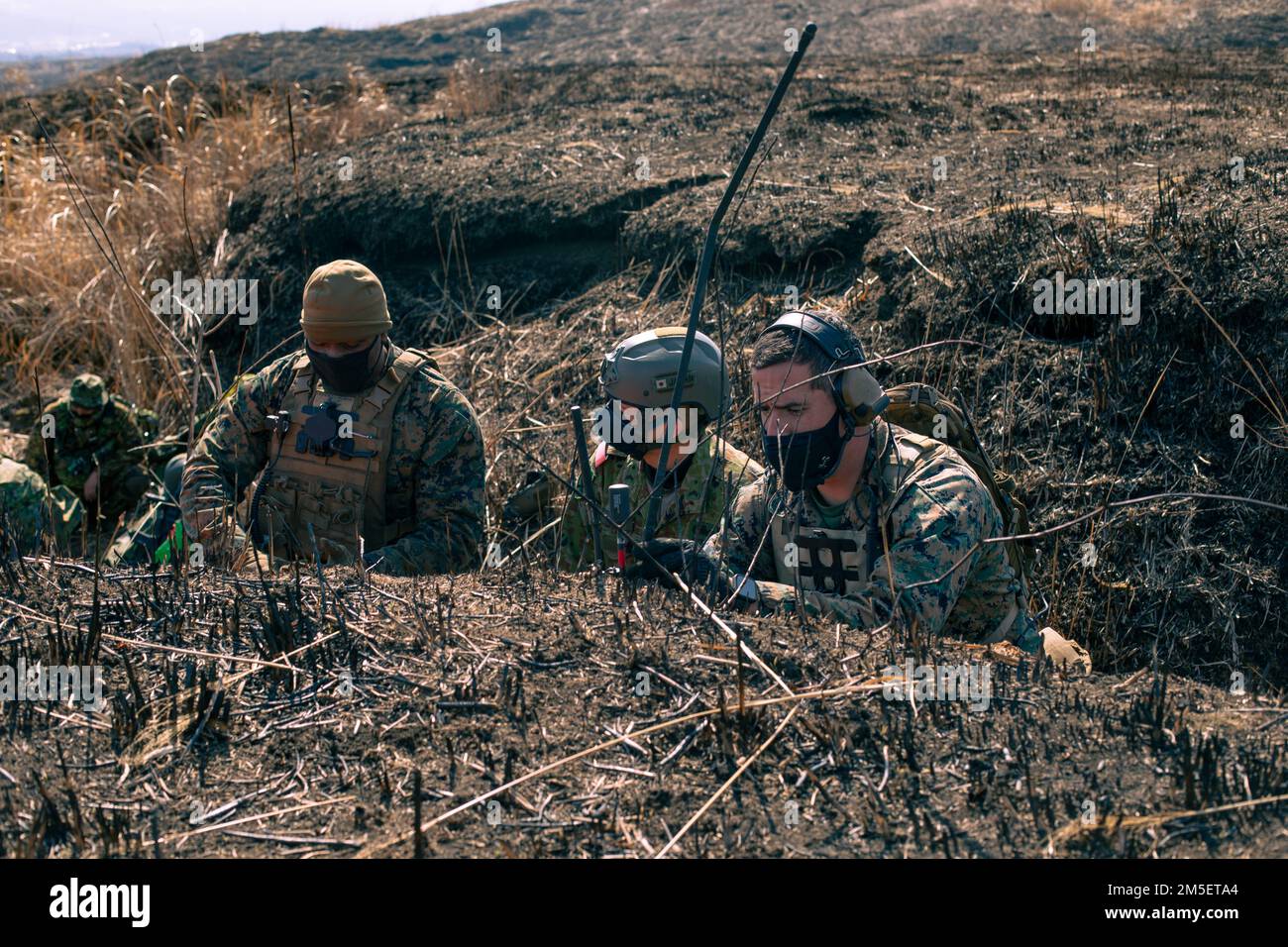 Staff Sgt. Joshua Willson (rechts), 1-2 All Domain Effects Team Chief und Sgt. Malcolm T. Lewis (links), 1-2 Communications Chief mit 5. Air Naval Gunfire Liaison Company (ANGLICO), 31. Marine Expeditionary Unit (MEU), arbeitet zusammen mit Sgt 1. Class Tomoya Tasaki (Zentrum), Ein gemeinsamer Einsatzkoordinator für das Koordinationszentrum der Feuerwehr, 1. Amphibious Rapid Deployment Regiment, identifiziert und kommuniziert Ziele an F-35B Lightning II Kampfpiloten mit Marine Fighter Attack Squadron (VMFA) 121, die am 9. März 2022 im Combined Arms Training Center (CATC) Camp Fuji, Japan, über Kopf fliegen. Auf Comm Stockfoto