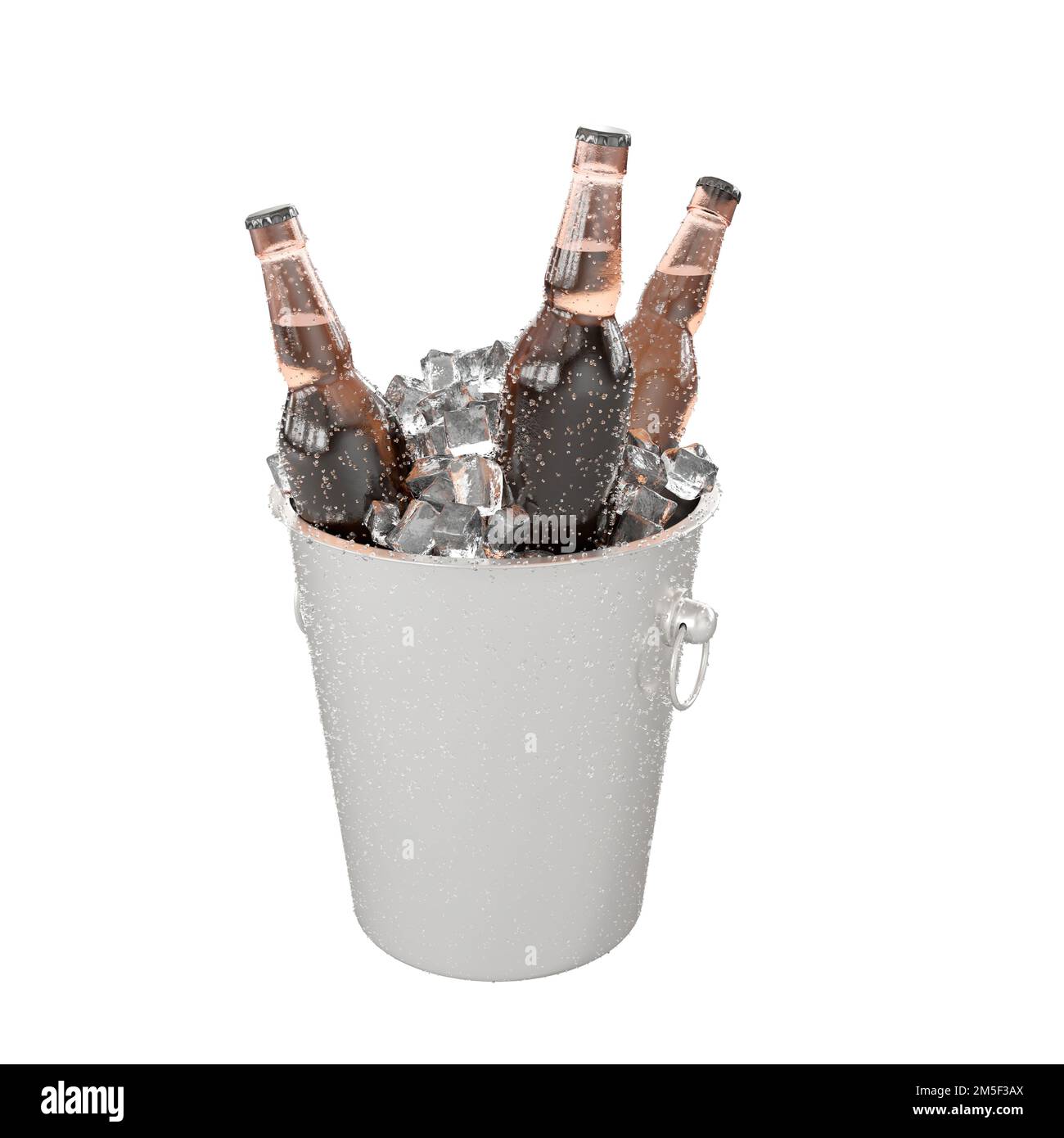 Drei Bierflaschen in einem Eiskübel, isoliert auf weißem Hintergrund Stockfoto