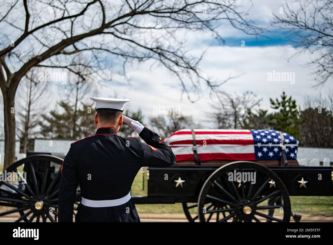 Die 3D USA Das Infanterieregiment (die alte Garde) Caisson Platoon veranstaltet militärische Bestattungsgelder mit Begräbnisbegleitung für die USA Marinekorps CPL. Thomas Cooper in Sektion 57 des Arlington National Cemetery, Arlington, Virginia, 10. März 2022. Cooper wurde im Zweiten Weltkrieg im Alter von 22 Jahren getötet. Pressemitteilung der Defense POW/MIA Accounting Agency (DPAA): Im November 1943 war Cooper Mitglied von Unternehmen A, 2. Amphibious Tractor Battalion, 2. Marine Division, Fleet Marine Force, die gegen steifen japanischen Widerstand auf der kleinen Insel Betio im Tarawa-Atoll der Gilbert-Inseln landete. Stockfoto