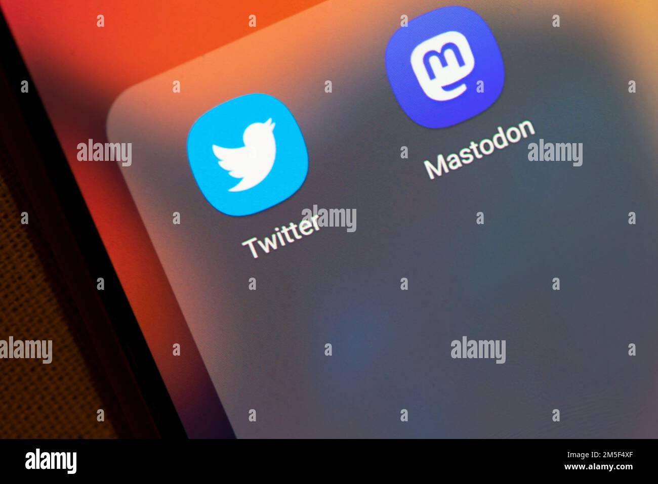 Symbole der Social Media-App – Twitter und Mastodon Stockfoto