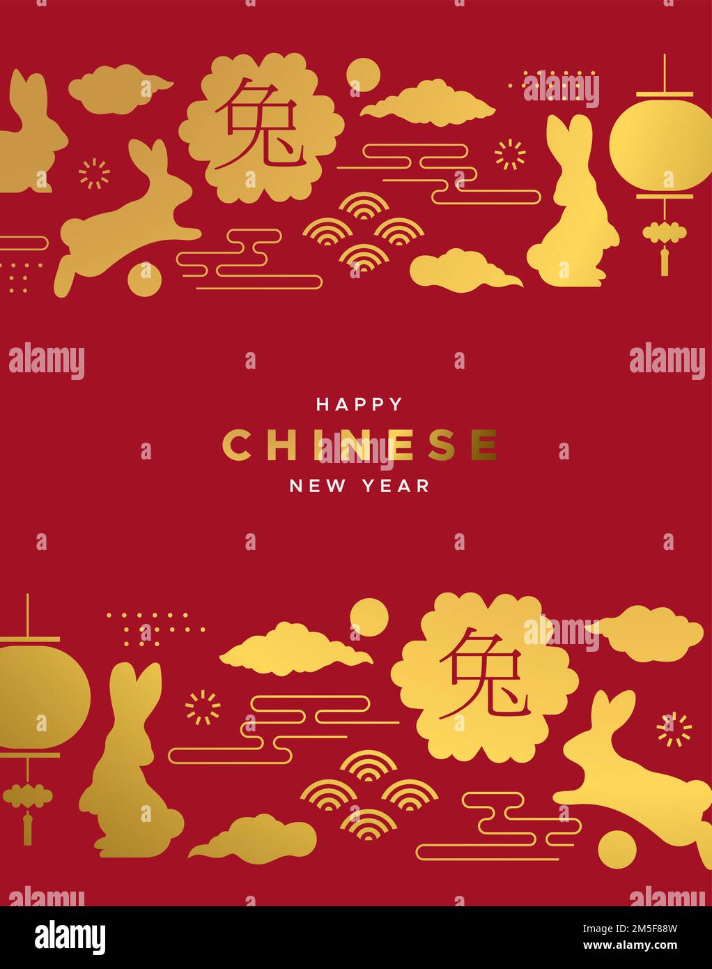 Chinesisches Neujahr 2023 der Kaninchen-Grußkarte Illustration abstrakter asiatischer Dekoration in Goldfarbe. Roter Hintergrund zur Feier mit Laterne, fl Stock Vektor
