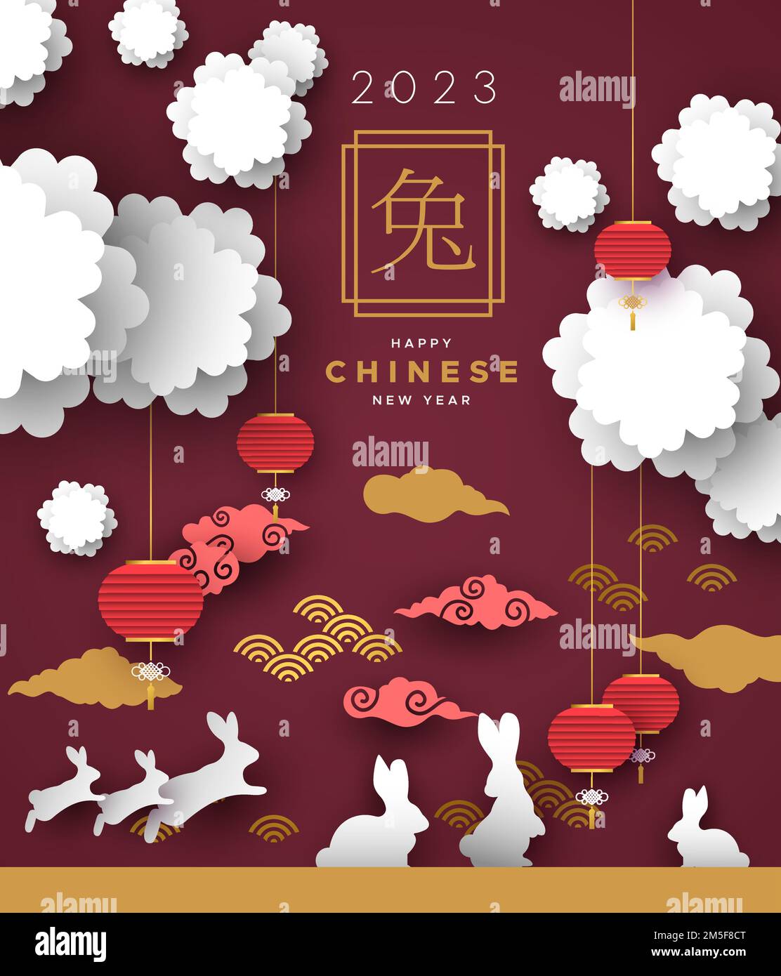 Chinesisches Neujahr 2023 des Kaninchens Illustration einer Handwerkslandschaft aus Paperut mit Kaninchen, Blumen, Wolken und traditionellen asiatischen Laternen. Chinesische Kal Stock Vektor