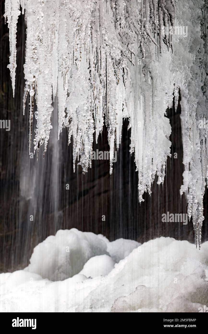 Eiszapfen an den Slick Rock Falls im Winter - Pisgah National Forest - in der Nähe von Brevard, North Carolina, USA Stockfoto