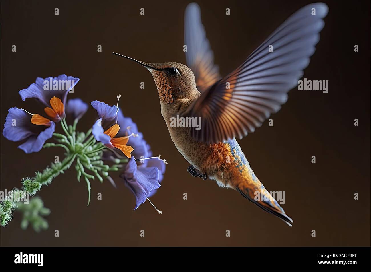 Kolibri ist ein kleiner, bunt gefärbter Vogel mit einem langen, schlanken Schnabel und Flügeln, die extrem schnell schlagen, sodass er in der Luft schweben kann Stockfoto