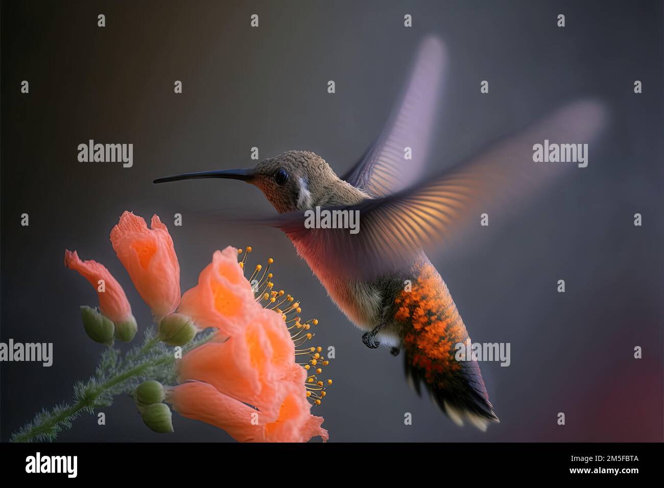 Kolibri ist ein kleiner, bunter Vogel, bekannt für seine Fähigkeit, lange Strecken zu fliegen und hohe Geschwindigkeiten zu halten. Sie können auch fliegen Stockfoto