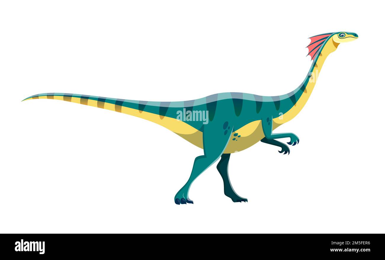 Cartoon Gallimimus Dinosaurier-Figur. Alte Wildtier-Reptilien, isolierte prähistorische Monster oder Tiere. Mesozoischer Dinosaurier mit Nackenschmuck, ausgestorbener fleischfressender Eidechse, süße Persönlichkeit Stock Vektor