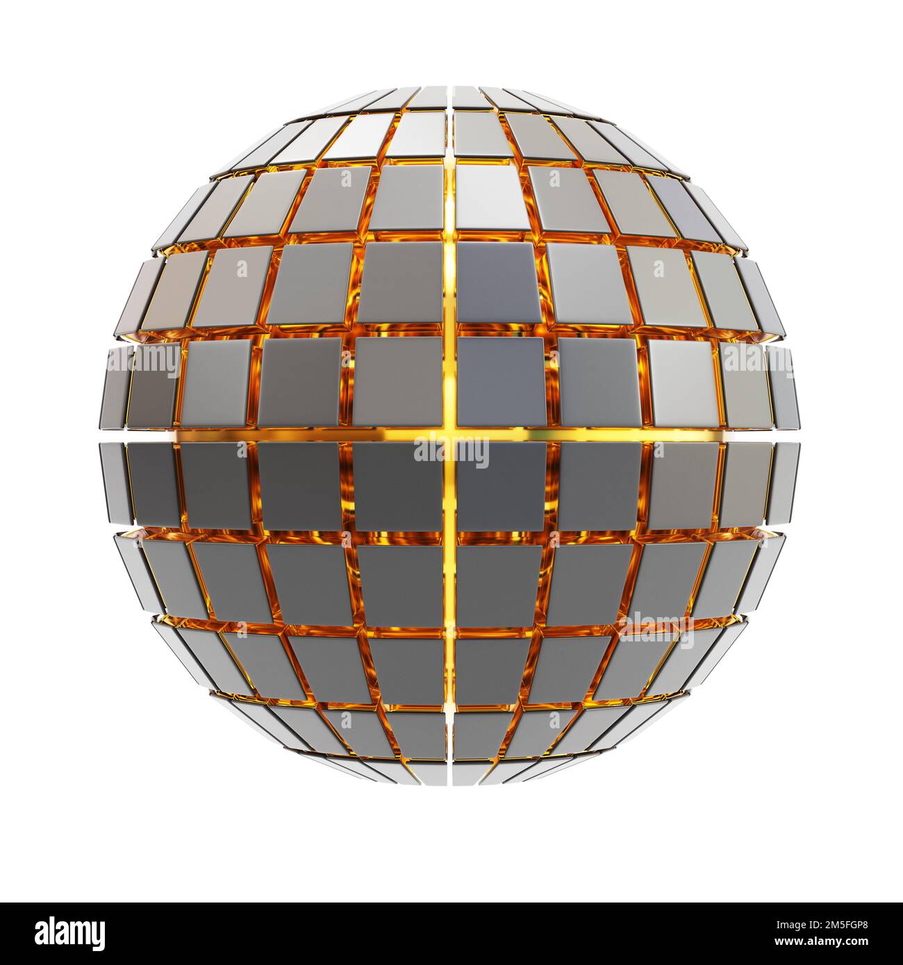 Abstrakte Silberkugel, die innen leuchtet, isoliert auf weißem Hintergrund. 3D-Rendering Stockfoto
