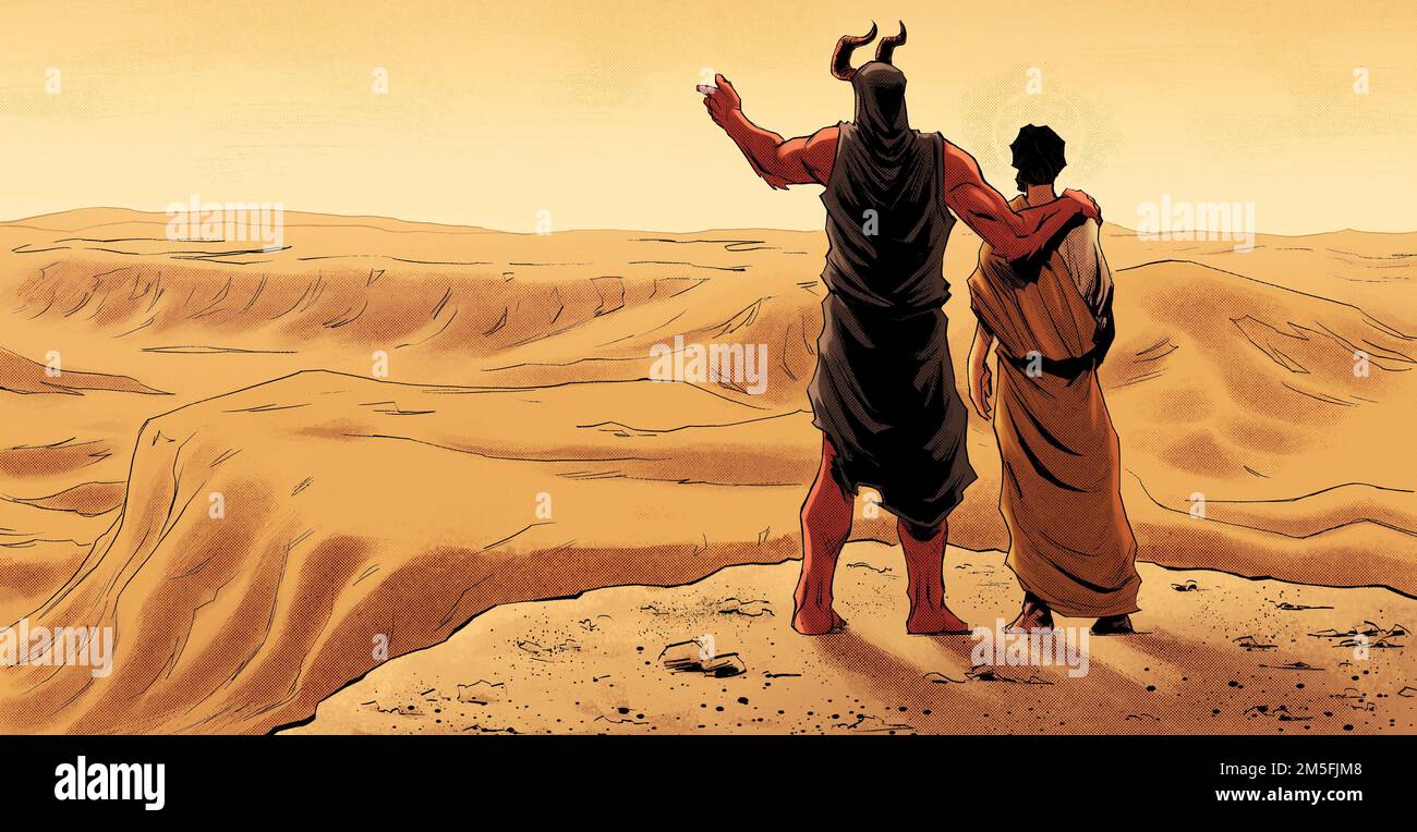 satanas trifft jesus christus in der Wüste, der Teufel, der einem Mann die Welt bietet, die Versuchung Gottes in der Wüste Stockfoto
