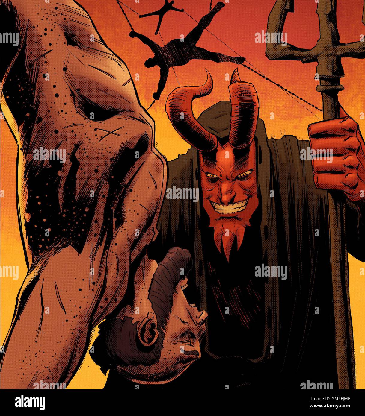 satans bestrafen einen Sünder, der Mann leidet unter Strafe, der Teufel arbeitet mit einem Dreizack, Stockfoto