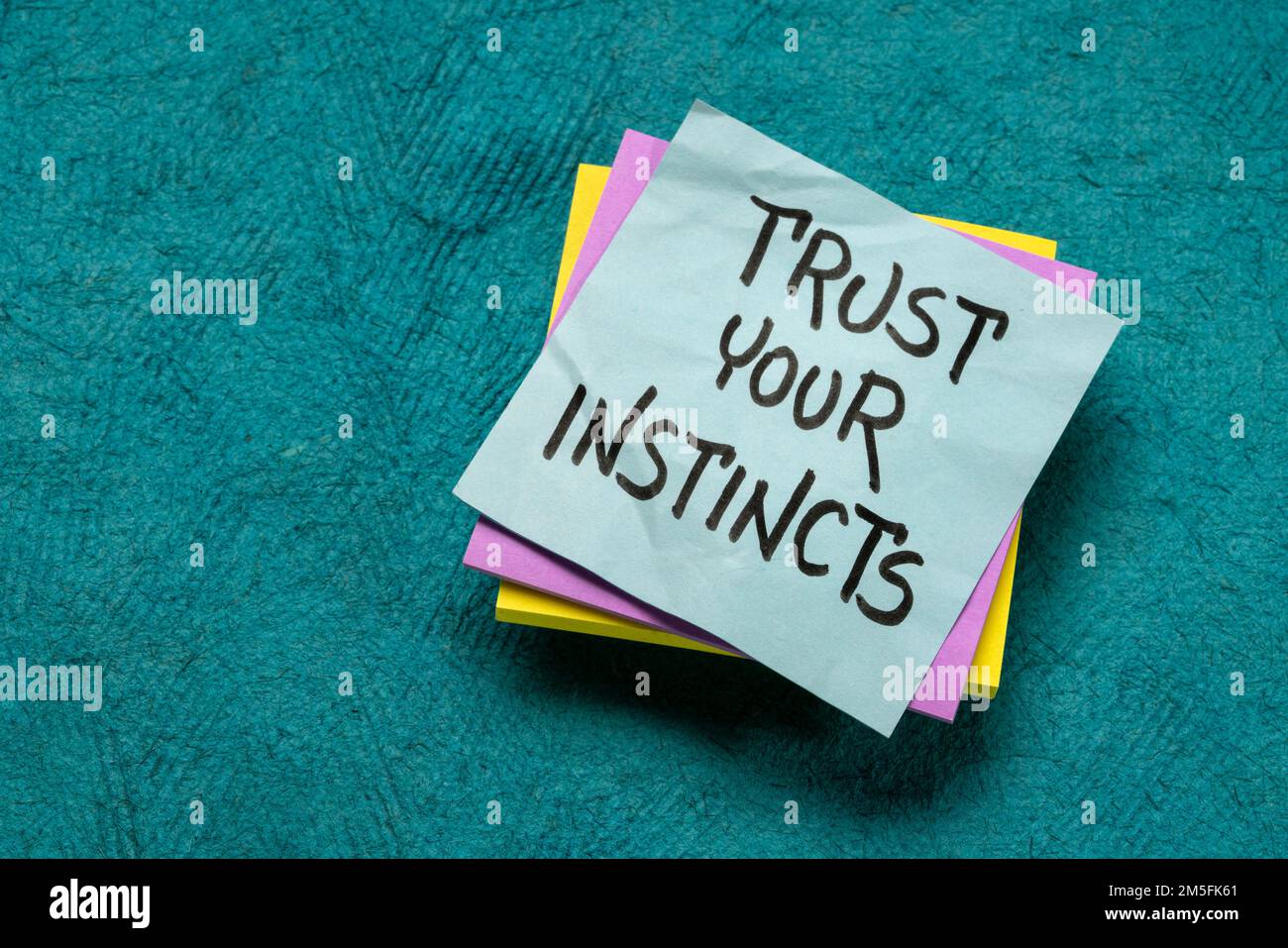Vertrauen Sie Ihren Instinkten – Ratschläge oder motivierende Erinnerungen auf Haftnotizen, Selbstvertrauen und Konzept der persönlichen Entwicklung Stockfoto