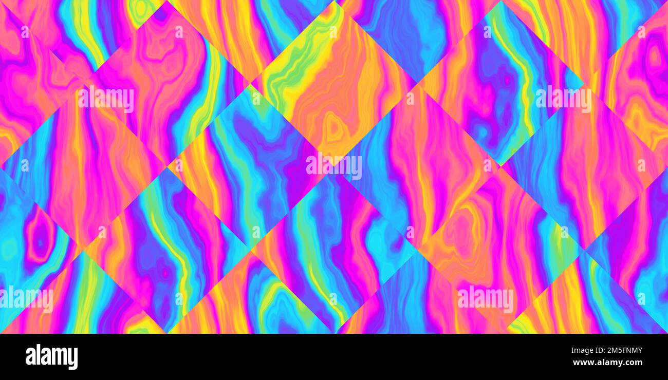 Nahtlose psychedelische Regenbogenmarmor-Rautenmosaikmuster-Hintergrundstruktur. Abgefahrenes Hippie-Motiv mit geometrischem Dopamin-Dressing-Stil. Stockfoto