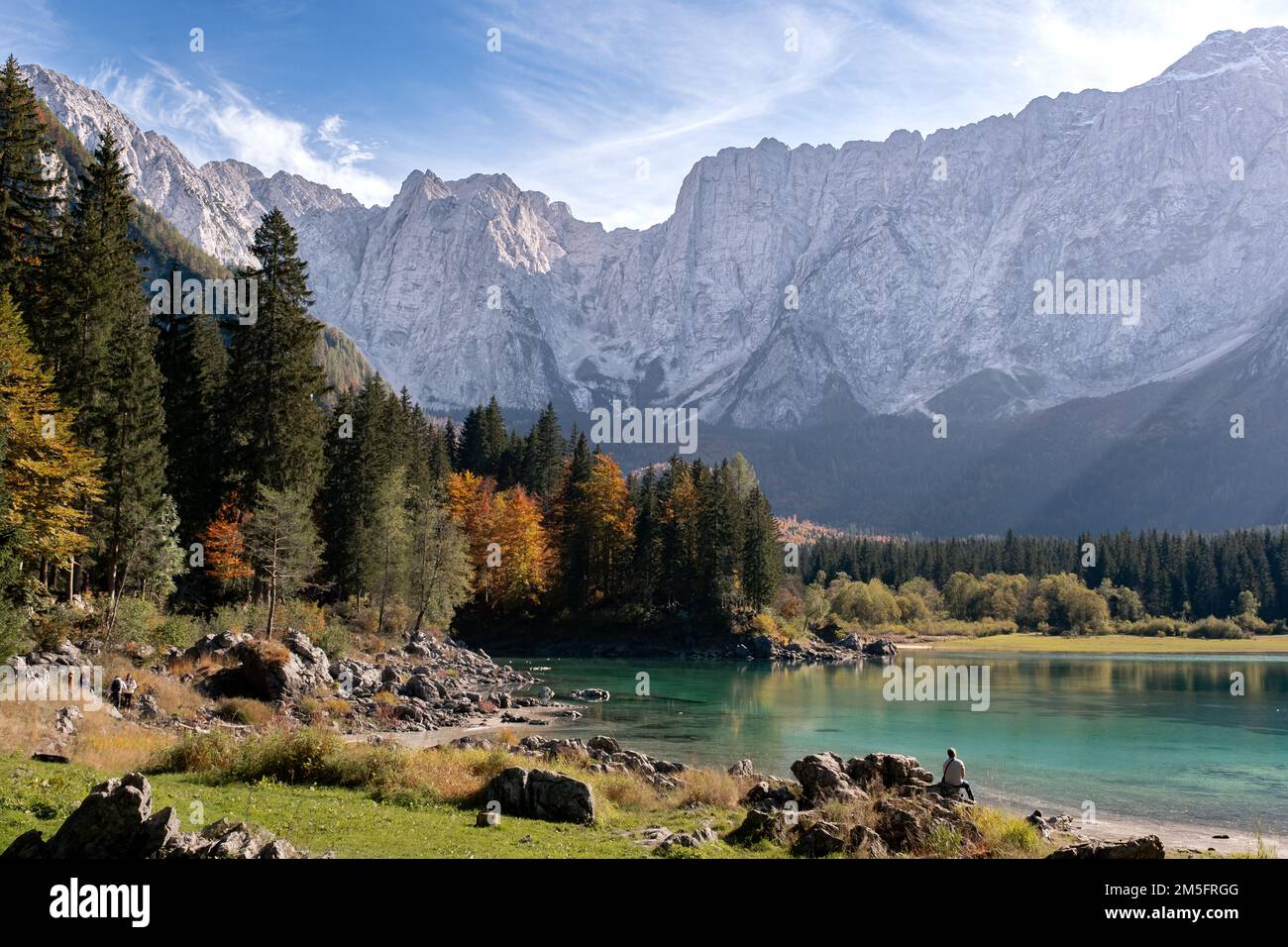 Eine wunderschöne Landschaft mit dichtem Wald an Fusine Seen Stockfoto