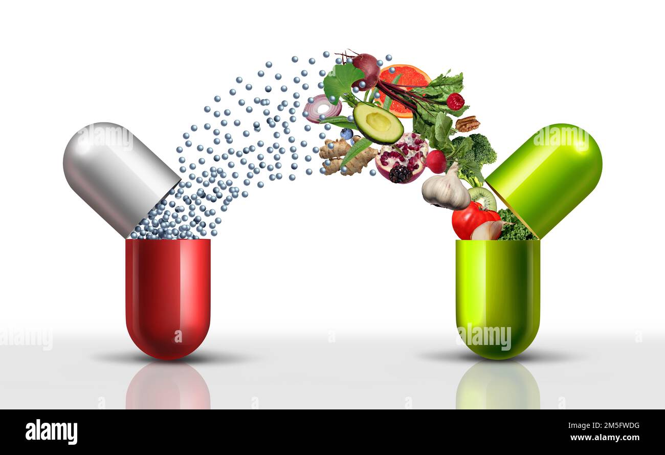 Pflanzliche versus synthetische Medizin als Nahrungsergänzungsmittel und Vitaminpräparate mit Kapsel und chemisch-pharmazeutischem Rezeptmittel pi Stockfoto