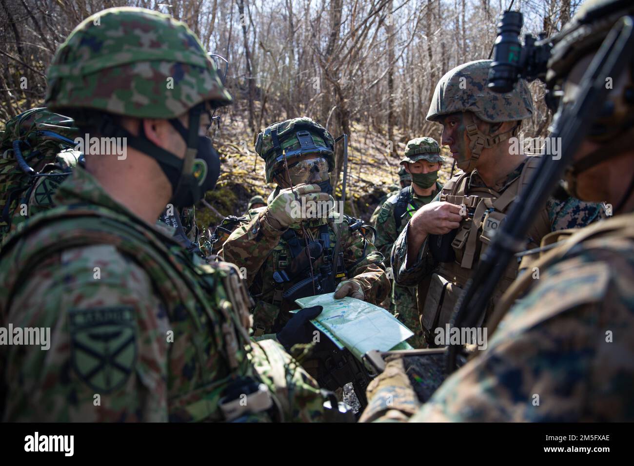 Ein Platoon-Kommandant mit dem Amphibious Rapid Disposal Regiment 1., der japanischen Selbstverteidigungstruppe am Boden, unterstützt die Koordination einer Hubschrauberrazentraining im Combined Arms Training Center Camp Fuji, Japan, 15. März 2022. Die Übung wurde durchgeführt, um Kenntnisse in der schnellen Ergreifung und Verteidigung von Schlüsselgelände zu entwickeln. Die maritime Verteidigungsübung Amphibious Rapid Deployment Brigade ist eine bilaterale Übung, die die Interoperabilität verbessern und die Beziehungen zwischen den US-amerikanischen und japanischen Streitkräften zur Verteidigung Japans stärken soll. Stockfoto