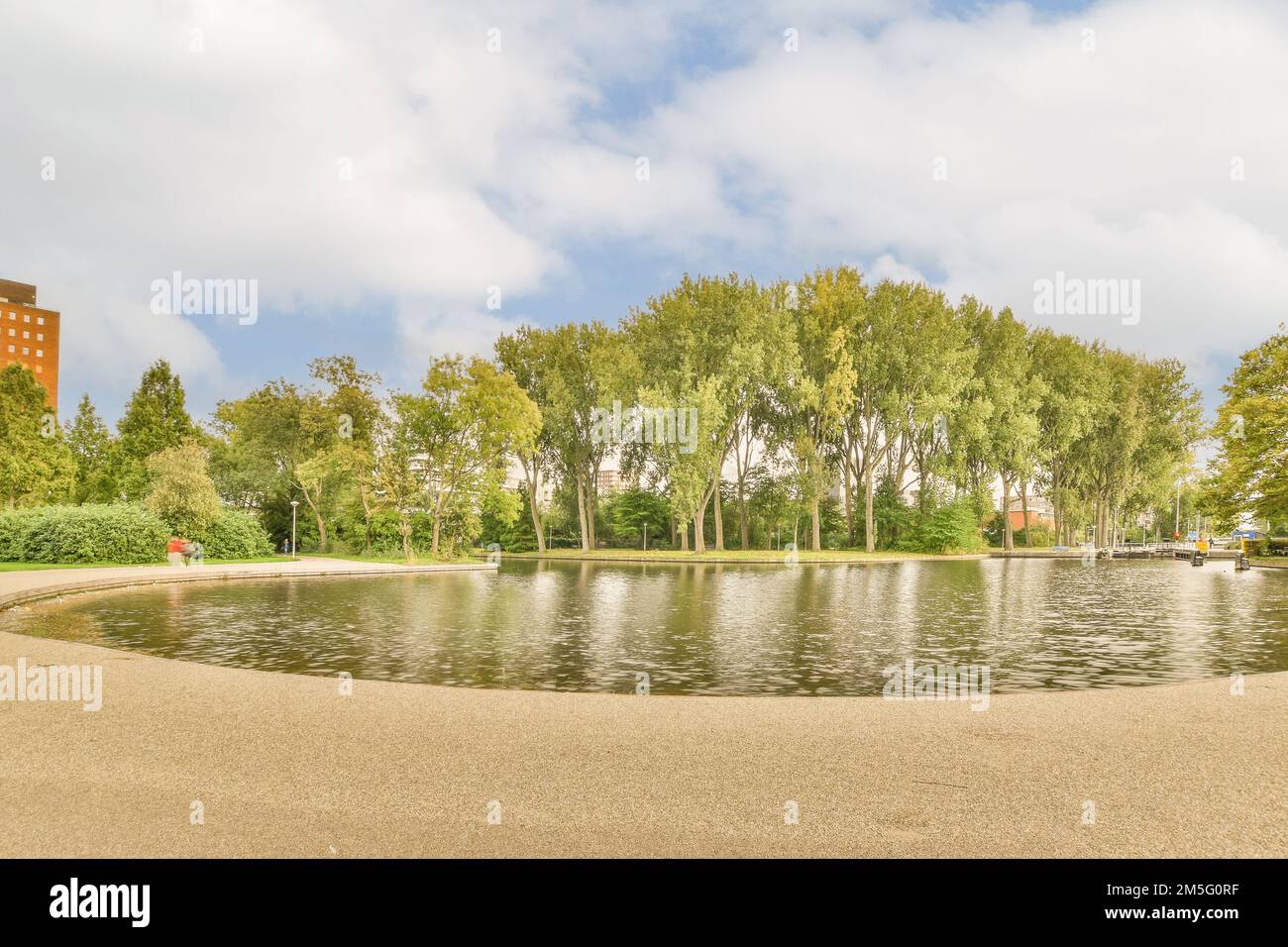 Ein Teich in der Mitte eines Stadtparks mit Bäumen und Gebäuden auf beiden Seiten, vom Wasser aus gesehen Stockfoto