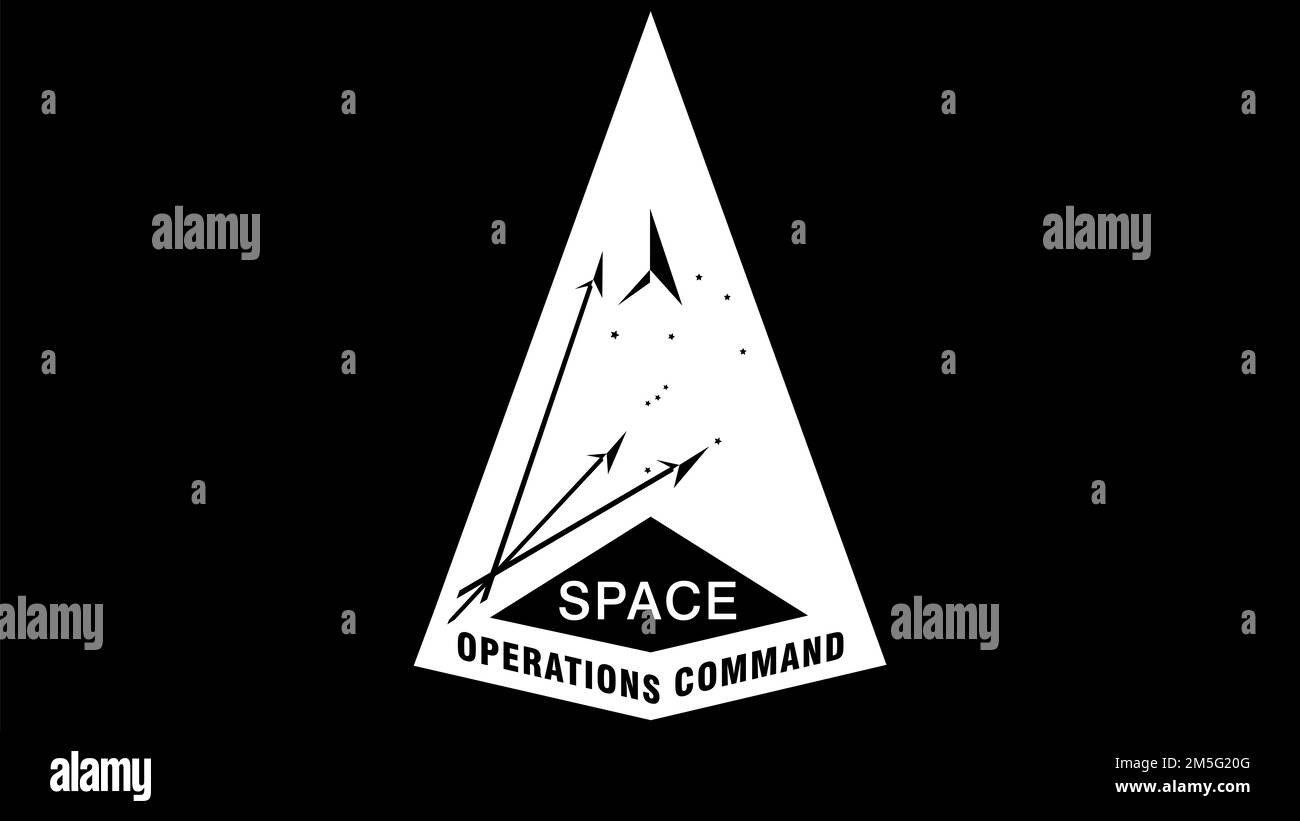 Eine vereinfachte, einfarbige Darstellung des Emblems des Space Operations Command, das für den Druck auf Auszeichnungen, Dokumenten und anderen Produkten vorgesehen ist. Dies ist nicht zu verwechseln mit der offiziellen, farbigen Version des Emblems, das vom Institut Heraldry genehmigt wurde. Für eine Kopie der .png-Version dieser Grafik mit vollständiger Hintergrundtransparenz können sich DoD- und SPOC-Organisationen an HQ SPOC Public Affairs wenden. (USA Space-Force-Grafik von Dave Grim) Stockfoto