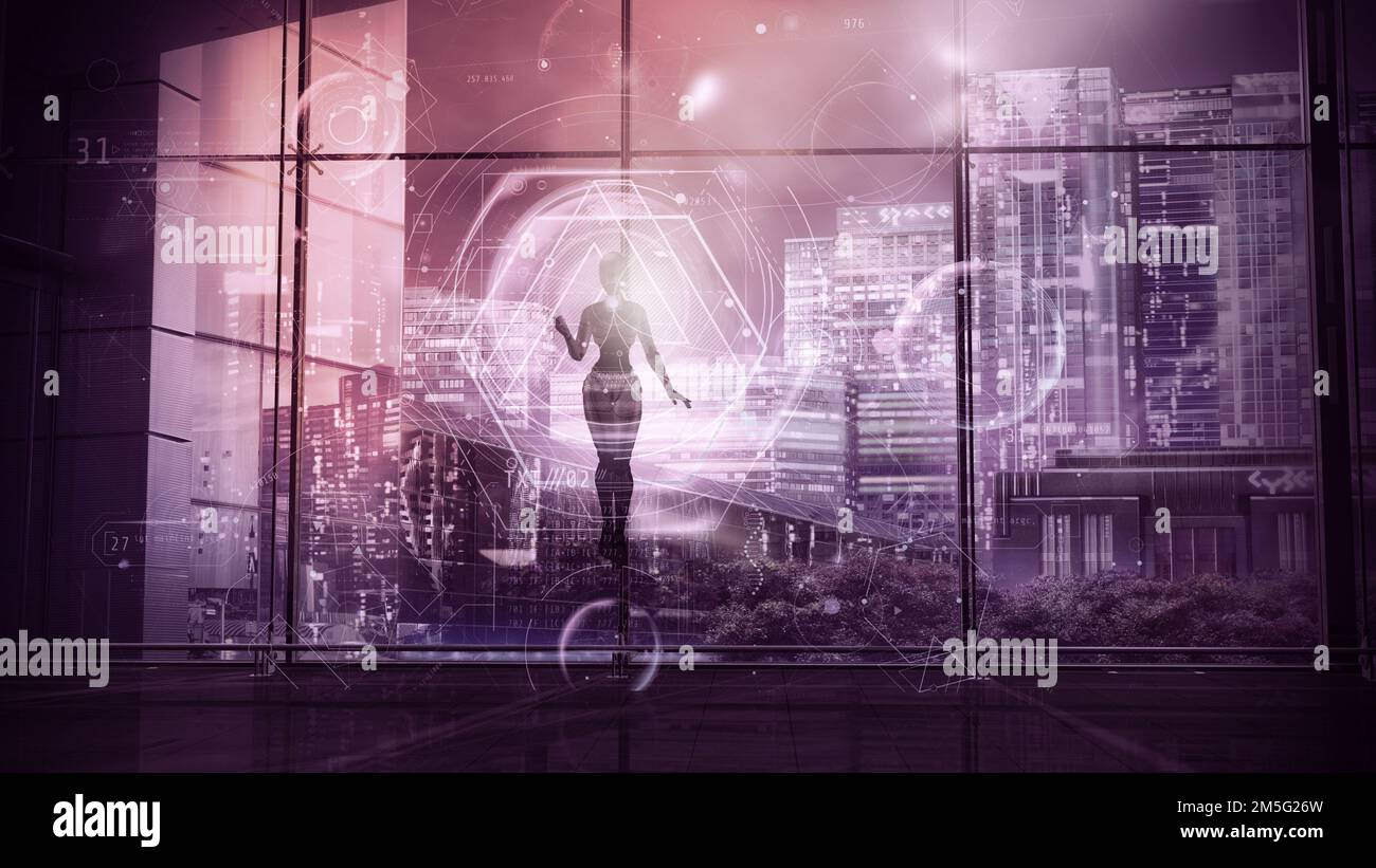 Ein in der Luft schwimmender Roboter arbeitet mit Daten, 3D Render. Stockfoto