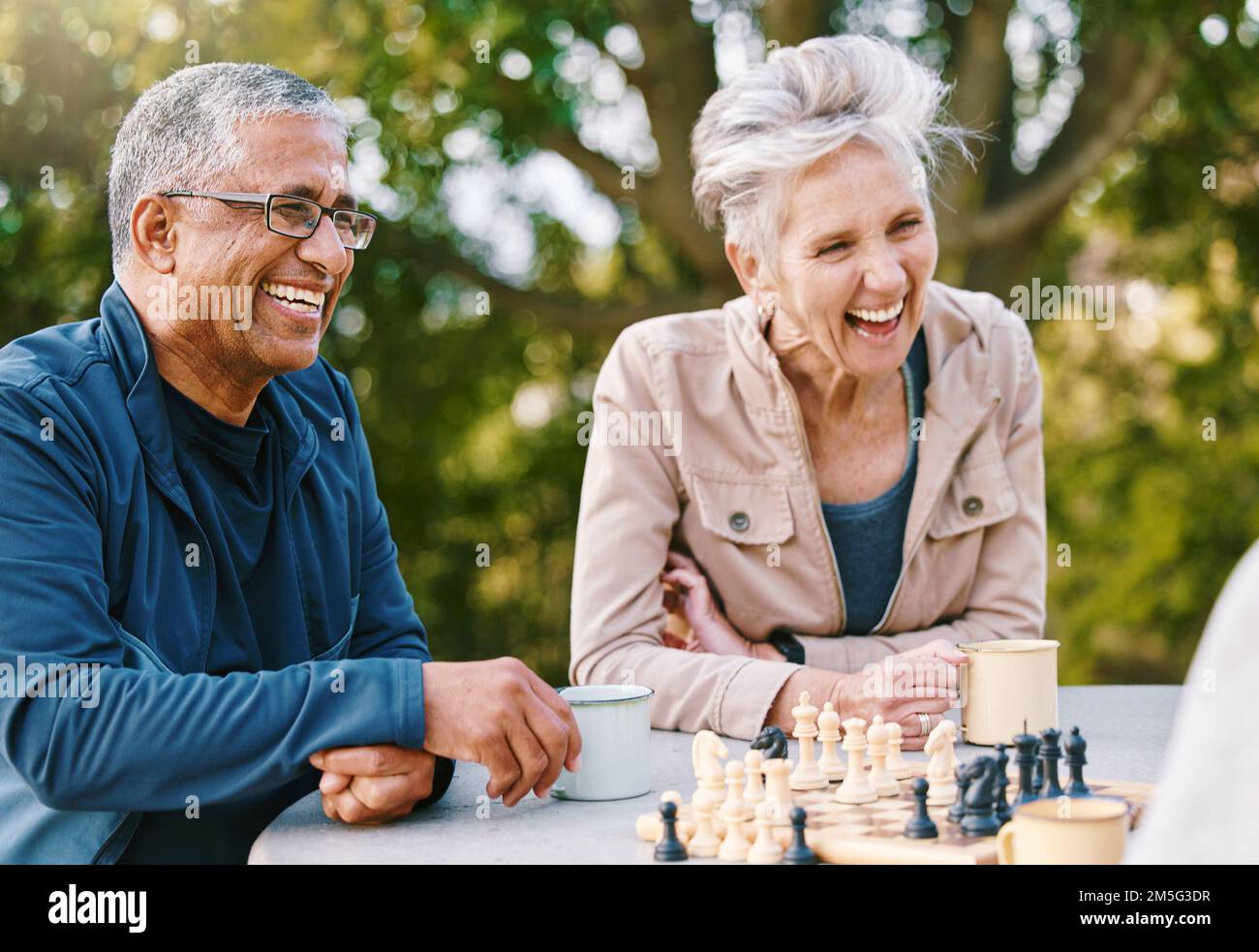 Glücklich, Schach oder ein paar Freunde in der Natur, die ein Brettspiel spielen, sich anfreunden oder über eine lustige Geschichte sprechen. Parken, unterstützen oder gesunde Senioren Stockfoto