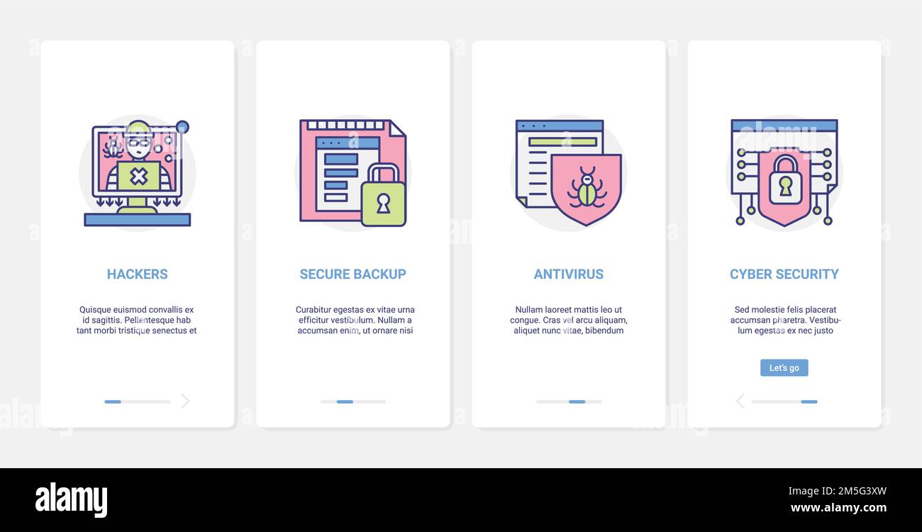 Hacker-Virenschutz, Cyber-Sicherheitstechnologie Vektordarstellung. UX, UI Onboarding Mobile App Page Screen Set mit Tech Line Protective mea Stock Vektor