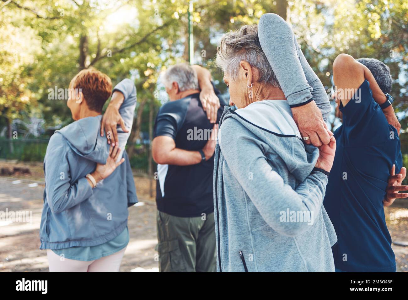Fitness, Natur und Senioren, die vor dem Cardio-Training in einem Park Dehnübungen machen. Gesundheit, Wellness und aktive Gruppe älterer Freunde in Stockfoto