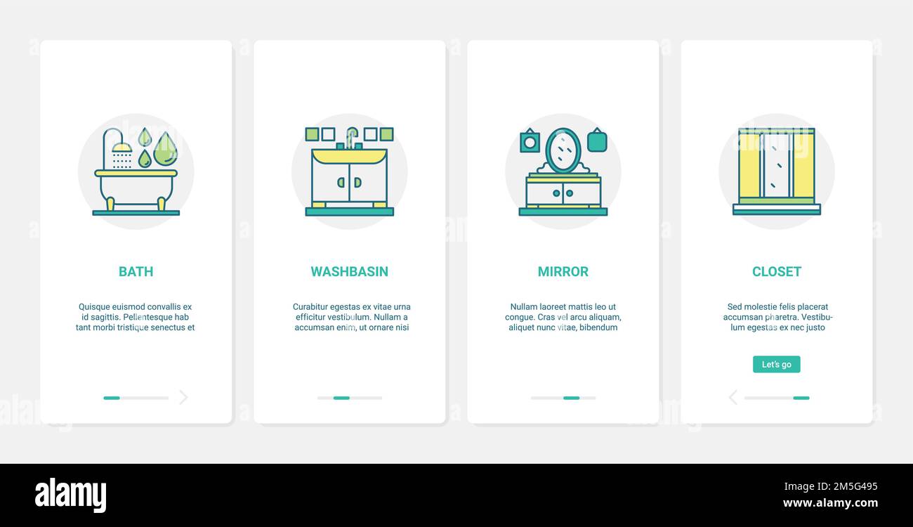 Badezimmer Heim Dekor Möbel Vektor Illustration. UX, UI Onboarding mobile App Seite Screen Set mit Linie Bad Ausrüstung, Einrichtung Dekoration collec Stock Vektor