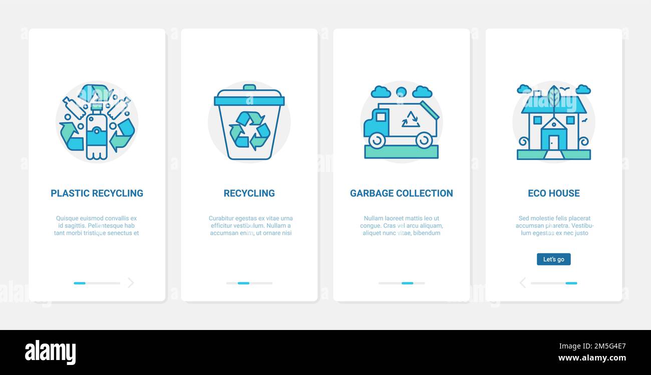 Abfallwirtschaft, Recycling-Technologie, um Ökologie Vektor Illustration zu sparen. UX, UI Onboarding mobile App Seite Bildschirm mit Linie recyceln Kunststoff gar Stock Vektor