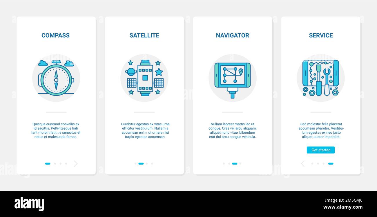 Vektordarstellung der GPS-Navigationsservice-Technologie. UX, UI Onboarding mobile App Seite Bildschirm mit Zeile Geocaching Reise Abenteuer Ausrüstung gesetzt Stock Vektor