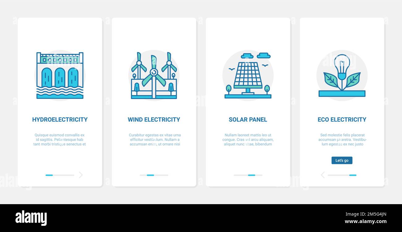 Vektor-Illustration für umweltverträgliche Ressourcentechnologie. UX, UI Onboarding mobile App Seite Bildschirm mit Linie Solarpanel gesetzt, Wind elektricit Stock Vektor