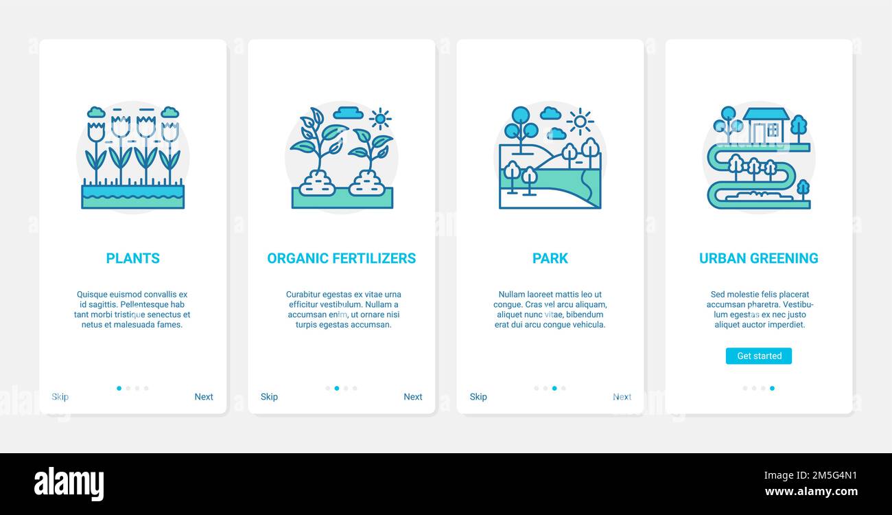Urbanes Ökosystem ökologische Technologie Vektor Illustration. UX, UI Onboarding mobile App Seite Bildschirm mit Linie Ökologie der Park Waldpflanzen Symbol gesetzt Stock Vektor
