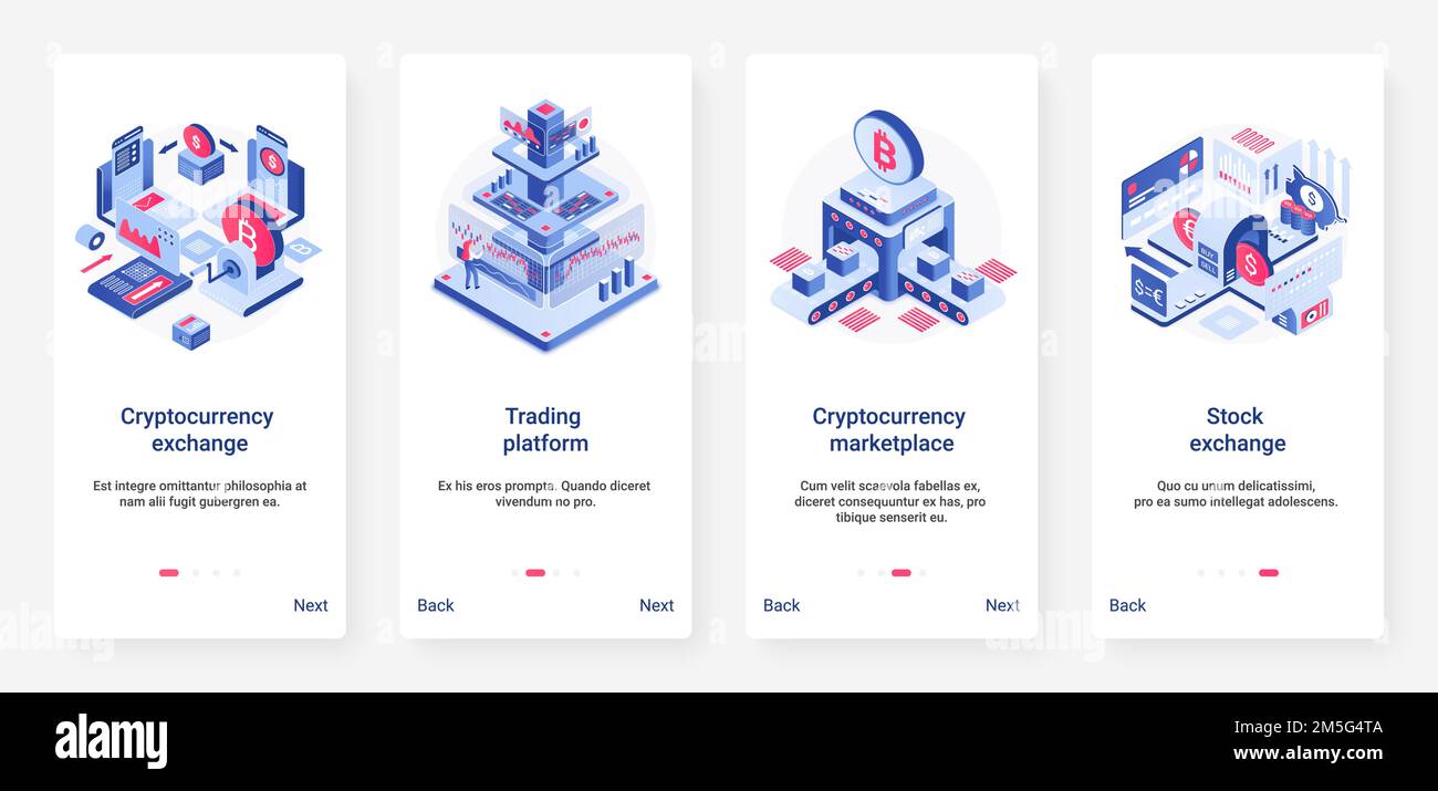 Isometrische Kryptowährung Exchange Trading Platform Vektor Illustration. UX, UI Onboarding mobile App Seite Bildschirm mit Cartoon 3d Händler Arbeit, bloc Stock Vektor
