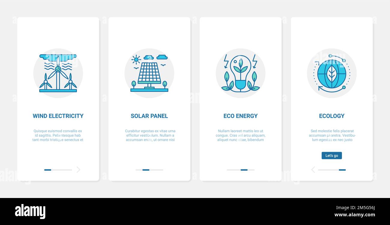 Nachhaltige alternative Quellen der Energietechnologie Vektordarstellung. UX, UI Onboarding mobile App Seite Bildschirm mit Linie elektrische eco light BU Stock Vektor