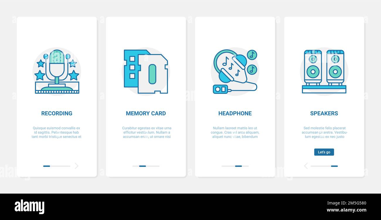 Elektronische Geräte für die Wiedergabe von Musik Sound Vektor Illustration. UX, UI Onboarding mobile App Seite Bildschirm mit Line-Mikrofon Kopfhörer Stock Vektor