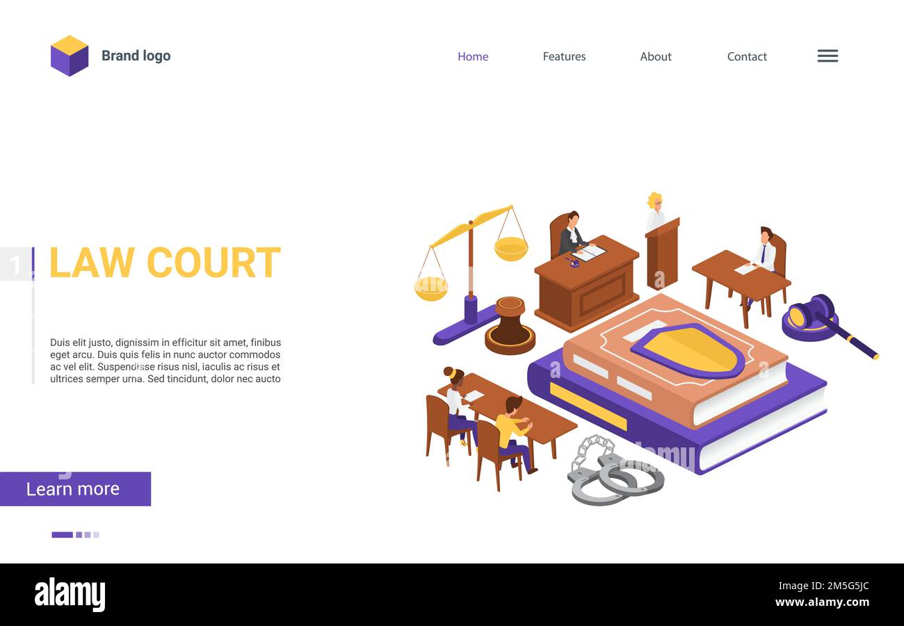 Isometrische Rechtsgericht Vektordarstellung. Cartoon 3d Konzept Landing Page Design mit Gerichtssaal, winzige Richter und Jury-Charaktere, Anwalt und Staatsanwalt Stock Vektor